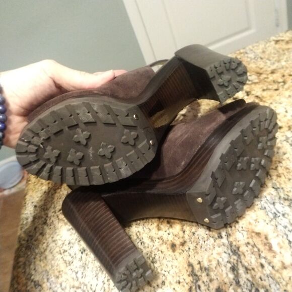 Michael Kors Chunky High Heels Brown Suede Leather Buckle Back Mules Womens 8 - Picture 11 of 12